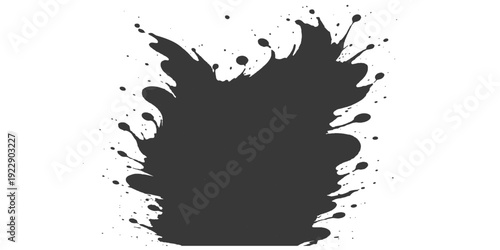 Black grunge ink splatter and liquid paint splash vector illustration element with messy brush drips and spray texture stains on a dark silhouette shape