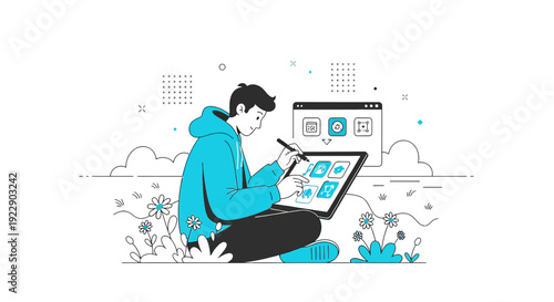 Young man designing app interface on tablet, creative process, modern illustration