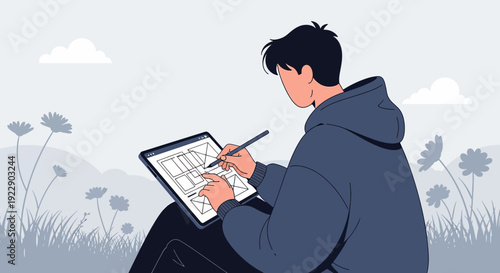 Young man designing user interface on tablet outdoors, creative work