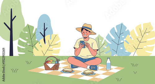 Young man enjoying a picnic in nature with phone, flat illustration style