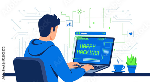 Young Man Hacker Working on Laptop, Cyber Security Concept, Digital Network