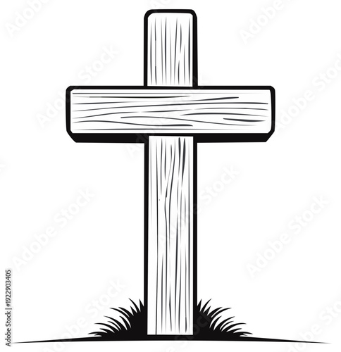 Rustic Wooden Cross Stands Tall in Grassy Field Symbolic Religious Icon