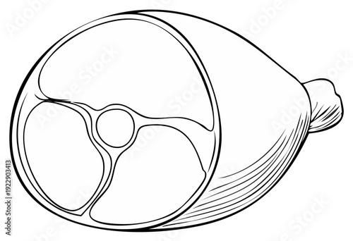 Detailed line drawing of a whole cured pork ham with the bone in showing a cross section