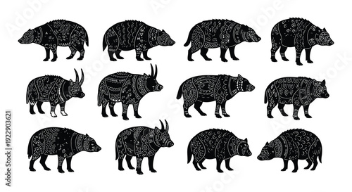 A collection of intricately patterned armadillos in various poses
