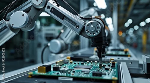 Robotic Arm Assembling Circuit Board in High-Tech Manufacturing Plant