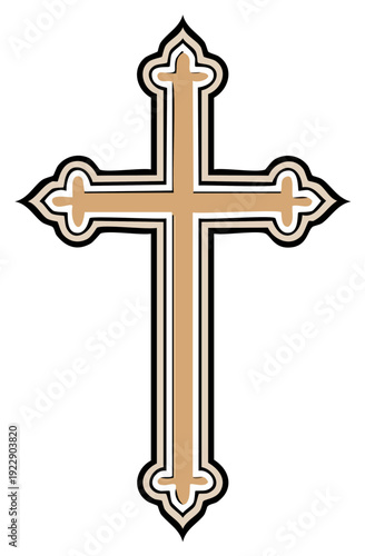 Ornate Religious Cross Symbol with Elaborate Design in Tan and Black