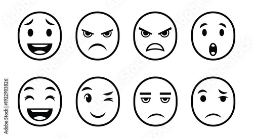 Collection of eight simple black and white facial expression icons