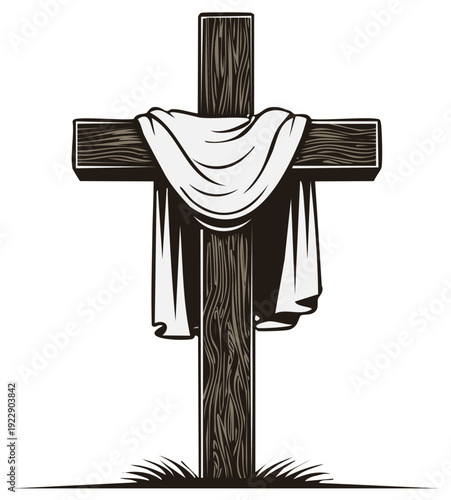 Wooden cross with draped cloth, symbolizing faith, sacrifice, and resurrection in simple vector graphic.
