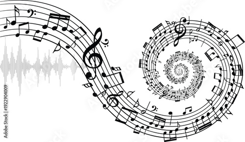 Abstract musical notes swirl with sound wave audio melody vector illustration music background creative sound design concept artwork