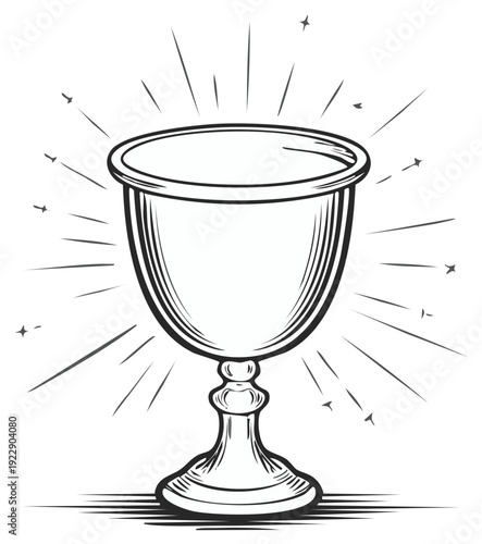 Vintage Engraved Chalice Cup Radiating Light Isolated Illustration, Antique Elegant Goblet Drawing, Religious or Fantasy Motif Design