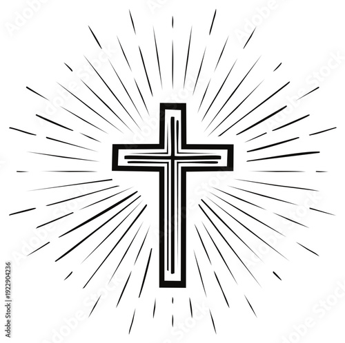 Christian Cross Symbol with Bursting Light Rays Emanating Around It Representing Faith and Hope