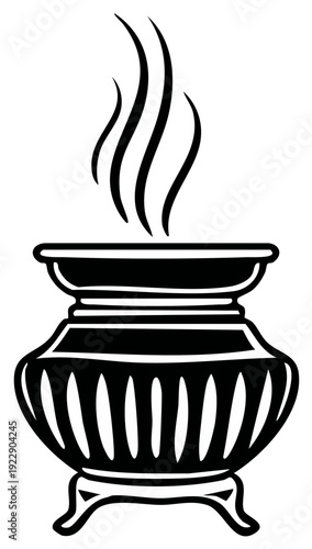 Stylized black and white illustration of a traditional incense burner with swirling smoke