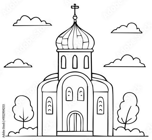 Orthodox Church with Dome and Cross Outline Artwork Illustration Simple Buildings with Trees and Clouds