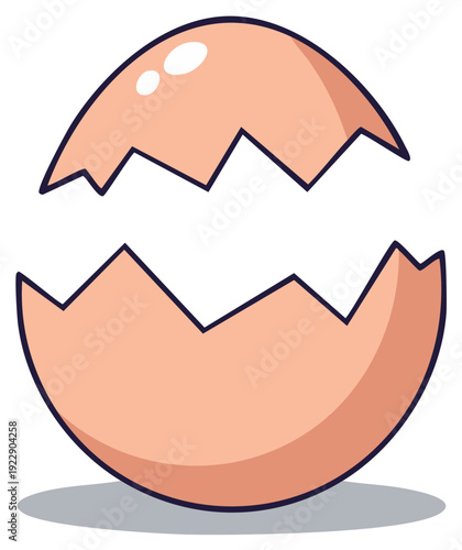 Cracked eggshell illustration featuring a light peach color with simple cartoon-style shapes and an oval shadow.