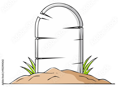 A weathered, cracked headstone stands tall on a mound of earth with a few blades of grass