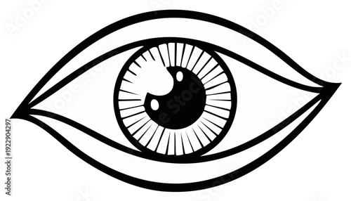 Stylized illustration of an open eye with a detailed iris and pupil, rendered in bold black lines on a white background.