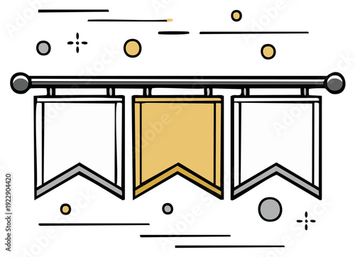 Decorative pennant banners, golden and white flags, vector illustration