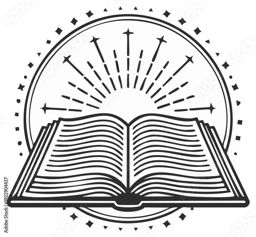 Open book with sunburst illustration: symbol of wisdom and knowledge in black and white