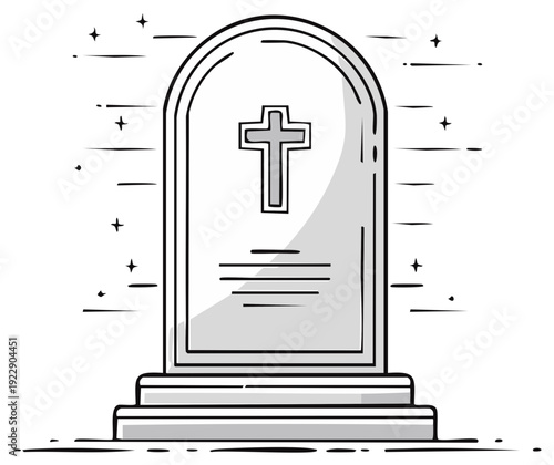 Stylized Tombstone with Cross in Outline Drawing and Shadow Detail
