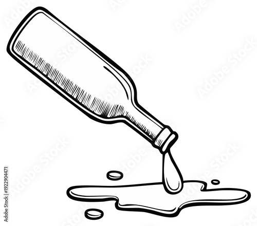 Cartoon illustration of a tilted bottle with liquid spilling out creating a puddle and drips