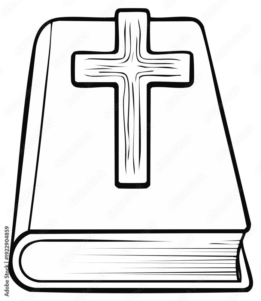 Obraz premium Christian book with cross symbol illustration, monochrome outline