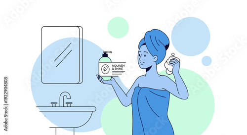Woman with Towel Holding Skincare Products in Bathroom, Self-Care Vibes
