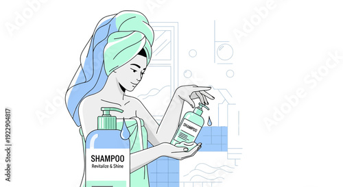 Woman with towel on head holding shampoo bottle, clean bathroom scene