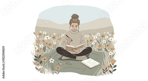 Woman Writing in Journal Outdoors Amidst Wildflowers