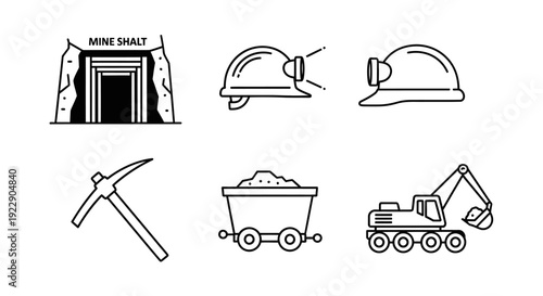 Mining icons set illustration featuring mine shaft entrance, helmets, pickaxe, cart, and excavator in simple black line art