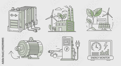 Illustrations of renewable energy sources and industrial machinery in a modern setting
