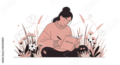 Woman Writing in Journal Outdoors Surrounded by Nature Illustration