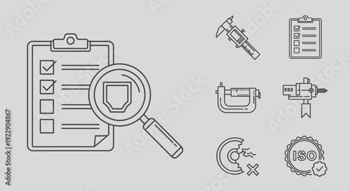 Security checklist with magnifying glass examining safety protocols and quality control measures on clipboard