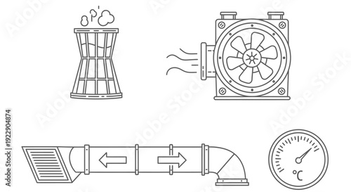 Industrial machinery components including cooling tower, fan, ductwork, and pressure gauge illustration.