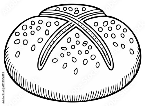 Line Art Drawing of a Traditional Round Bread Roll with Decorative Cuts and Seeds