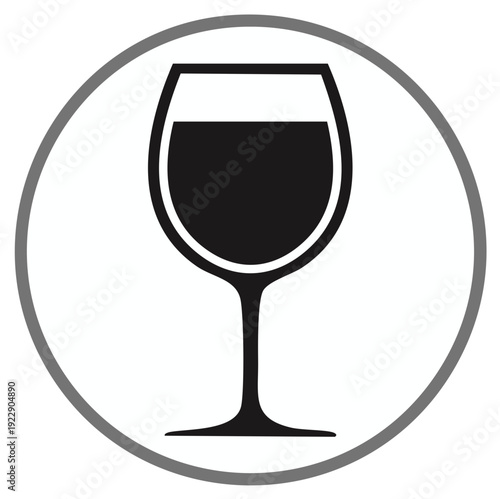 Silhouette of a wine glass, filled, within a circular frame, elegant design for alcohol-related themes.