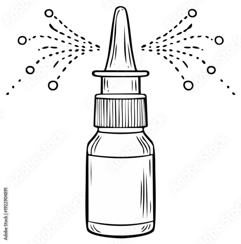 Black and white line art illustration of a nasal spray bottle for allergy and cold relief