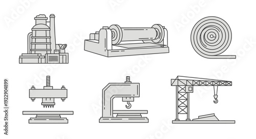 Industrial machinery illustrations showcasing manufacturing equipment and tools in a technical drawing style from various viewpoints