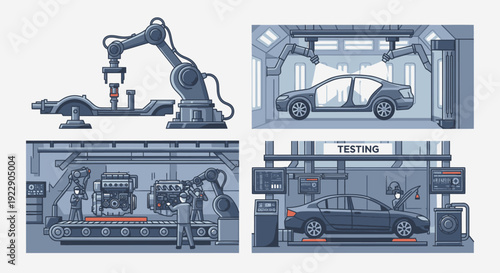 Modern car manufacturing process illustrated in a factory setting with robotic assembly and testing stages