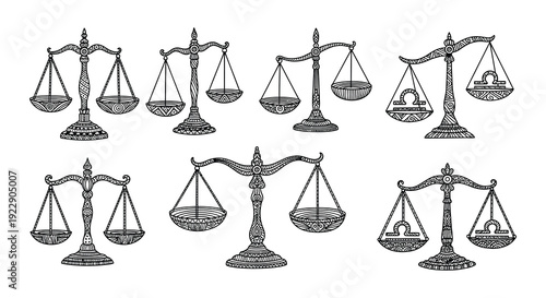 Collection of vintage scales justice balance and equilibrium symbols