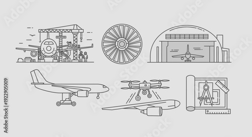 Various aircraft and hangar illustrations showcasing different aviation elements from multiple viewpoints