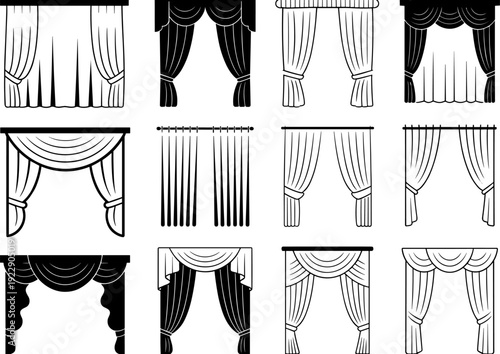 Set of curtain and window treatment icons featuring various drapery styles valances blind silhouettes and interior decor textile vector elements