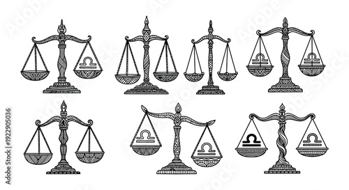 Collection of vintage scales justice balance and equilibrium symbols