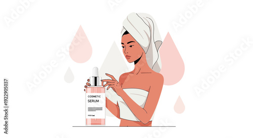 Woman with Towel Applying Serum, Skincare Routine, Beauty, Self Care, Illustration