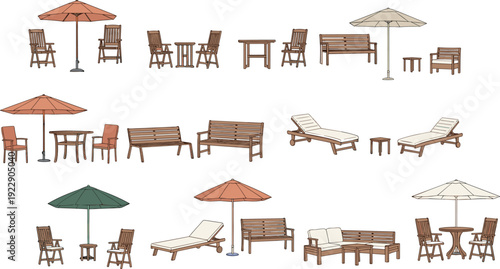 Hand Drawn Wooden Outdoor Patio Furniture Set Collection Featuring Garden Chairs Tables Umbrellas Benches and Sun Loungers Vector Illustration Architectural Sketches