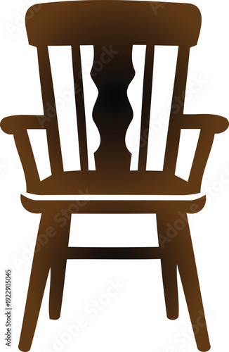Brown wooden chair with armrests and slatted backrest on transparent background