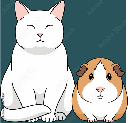 A charming illustration of a white cat and a guinea pig together.