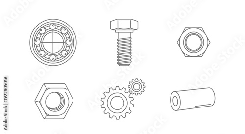 Set of mechanical parts including bolts, nuts, and gears illustrated in a simple line art style on a plain background from a straightforward viewpoint