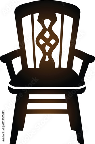 Brown wooden chair with intricate design on backrest and armrests isolated on transparent background