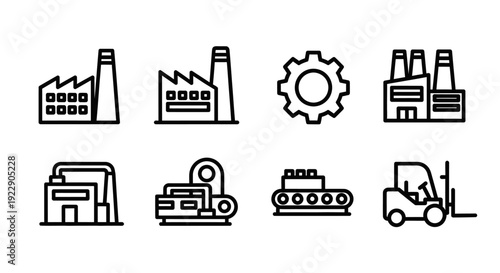 Industrial icons set on white background depicting various machinery and factory elements from a front viewpoint