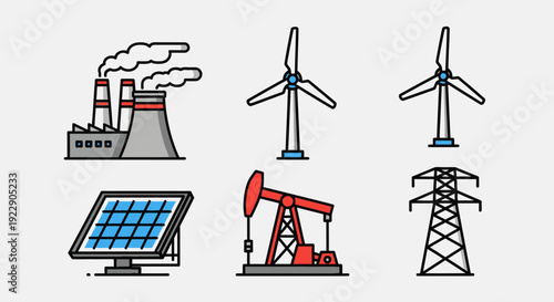Various renewable and non-renewable energy sources depicted in a modern industrial landscape viewed from a distant perspective.